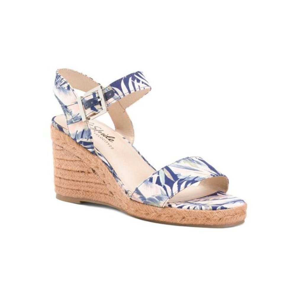 Lifestride Womens Blue Tan Floral Open Toe Ankle Strap Wedge Sandals Sz 8.5 New
